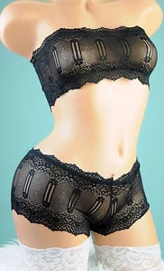 Reggiseno a fascia in pizzo nero e pantaloncini da ragazzo mutandine sfacciate SET OS S M - Foto 1 di 2