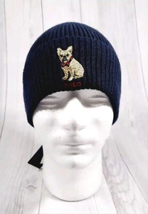 Polo Ralph Lauren Frenchie Frech Bulldog Cuffed Knit Beanie Ski Navy Hat Cap New - Picture 1 of 11