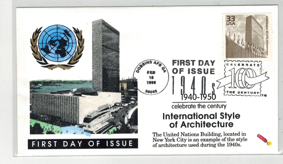 DYNAMITE HANDPAINTED / TINTED CELEBRATE CENTURY 1940s UNITED NATIONS BUILDING - Image 1 of 1