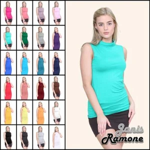 Womens Turtle Polo Neck T-Shirt Plain Stretch Sleeveless Bodycon Vest Tee Top - Picture 1 of 25