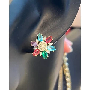 18k gold Filled Multicolored Sapphire pave flower stud earrings rainbow studs - Picture 1 of 8
