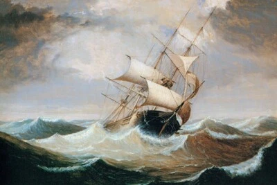THREE MASTER IN ROUGH SEAS SHIP AMERICAN PAINTING 1850 BY FITZ HUGH LANE REPRO - Image 1 of 3