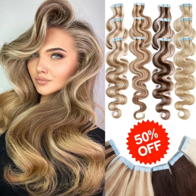 8A Tape In Real Remy Human Hair Extensions Seamless Skin Weft Wavy CLEARANCE UK - Image 1 of 4