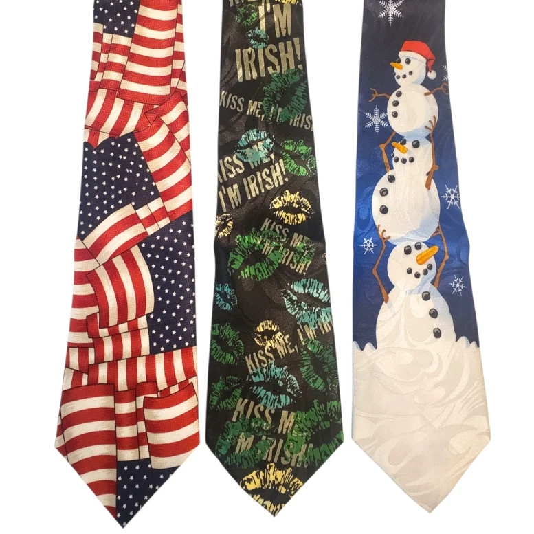 Holiday Ties #85A - Lot of 3 Novelty Neckties Flag Tie St. Patrick's Day Snowmen - Image 1 of 1