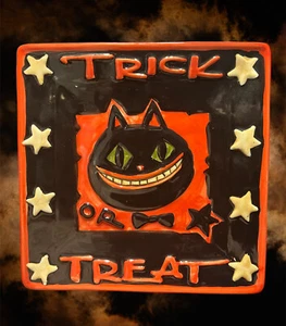 Pacific Rim Vintage Trick or Treat Halloween Black Cat hHandmade Small Dish - Picture 1 of 9