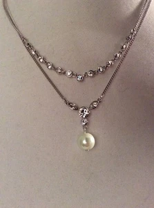 $58 Givenchy Silver Tone Pearl & Crystal Double Strand Necklace  # 129 GN - Picture 1 of 10