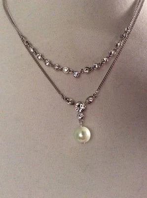 $58 Givenchy Silver Tone Pearl & Crystal Double Strand Necklace  # 129 GN - Image 1 of 4