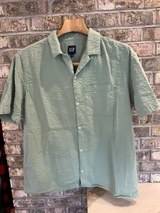 Vintage Gap Mens XL Striped Seer Sucker Looped Collar Camp Button Shirt Green - Picture 1 of 11