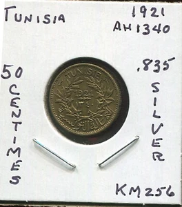 WORLD COINS TUNISIA  AH1340 1921 50 CENTIMES .835 SILVER (2G504) Tough !!! - Picture 1 of 2