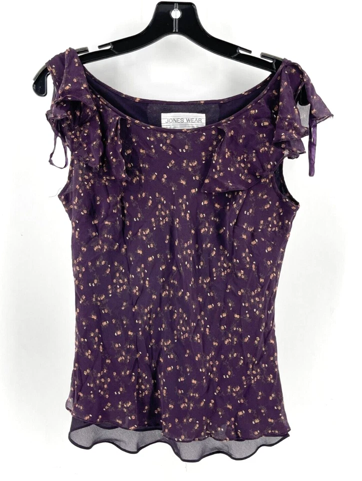 Jones Wear 100% Silk Purple Floral Ruffled Sleeveless Lined Top Blouse Size 10 - Image 1 of 4