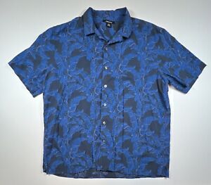 Claiborne Button Shirt Blue Tropical Floral Leaf Mens Short Sleeve XL