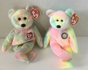 2 Beanie Babies Tie-Dye Teddy Bears: Celebrate & B.B. Bear Retired! - Picture 1 of 2