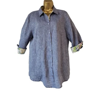 Chicos No Iron Linen Button-Down Shirt sz 2 L 12/14 Blue With Floral Cuffs - Picture 1 of 6