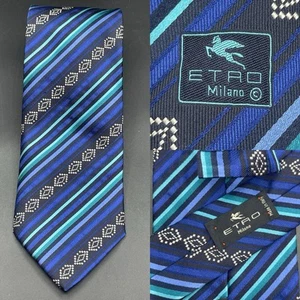 ETRO MILANO MADE IN ITALY BLUE/GREEN STRIPES MOTIF TIE - DESIGNER TIES. - Picture 1 of 8