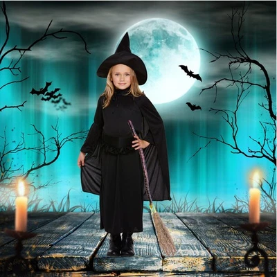 HALLOWEEN WICKED WITCH & HAT BLACK CHILDRENS FANCY DRESS COSTUME AGES 4-12 YRS - Image 1 of 4