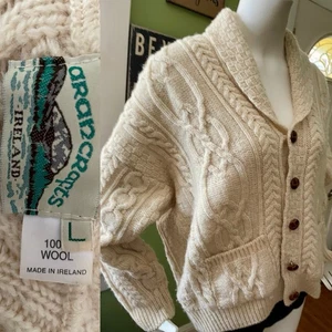 Vtg Aran Crafts Irish Wool Shawl Cardigan Fisherman Sweater Unisex L Oatmeal 52 - Picture 1 of 6