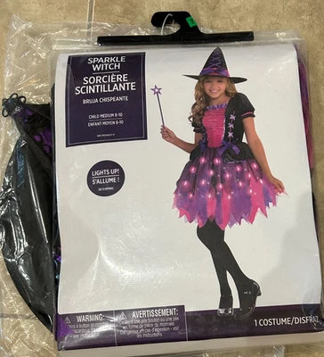 Vestido Sombrero y Varita Rosa Brillante Bruja Niñas Iluminado NUEVO Med 8-10 Foto 1 de 2