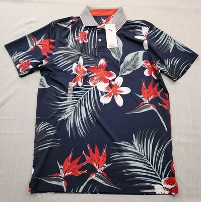 NEW Puma Golf MATTR Polo Shirt Mens Size Medium $80 Navy Floral Explosion  - Image 1 of 4