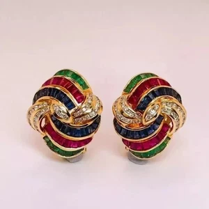 3Ct Princess Lab-Created Ruby Emerald Sapphire Earrings 14K Yellow Gold Plated - Picture 1 of 3