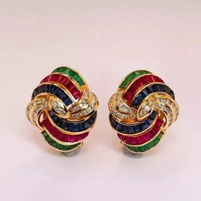 3Ct Princess Lab-Created Ruby Emerald Sapphire Earrings 14K Yellow Gold Plated - Image 1 of 3