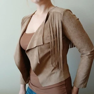 Beige western boho fringe suede-style jacket, size small - Picture 1 of 7