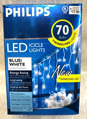 Philips 70 LED Icicle Blue / White Twinkling String Lights NEW in Box - Image 1 of 2