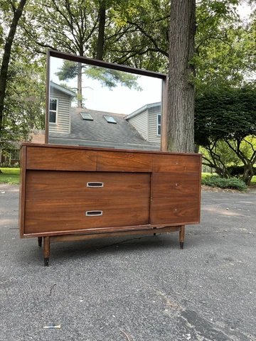 Mainline by Hooker Mid Century Walnut and Cane 7 Drawer Dresser With Mirror Cover