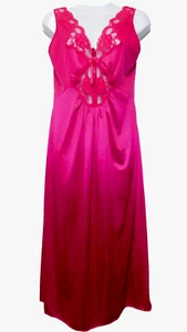 Vintage Adonna Silky Satin Nightgown M Wide Sweep Stretch Lace Pink Plunge - Picture 1 of 12