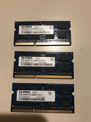 Elpida 6GB RAM - 2Rx8 PC3-10600S-9-10-F1 - RAM PARA PORTÁTIL - 3x 2GB Sticks Foto 1 de 4