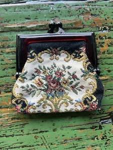 Vintage Geldbörse bestickt floral schwarz - Bild 1 von 6