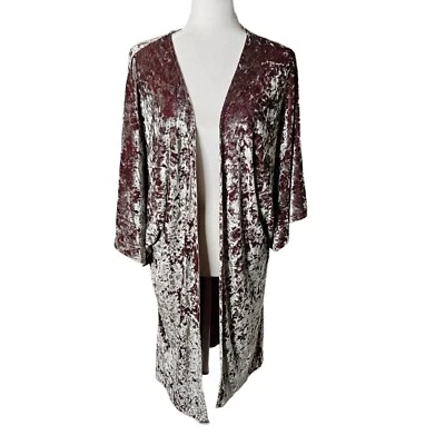 Hinge One Size Crushed Velvet Open Front Cardigan Duster Kimono Burgundy - Image 1 of 4