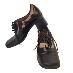 Vintage Franco Sarto Leather Cow Hide Fur Shoes Square Toe Heels Size 8 Black - Picture 1 of 11