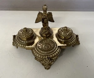 Art Nouveau Brass Double Ink Stand Heavy With Griffin - Foto 1 di 20