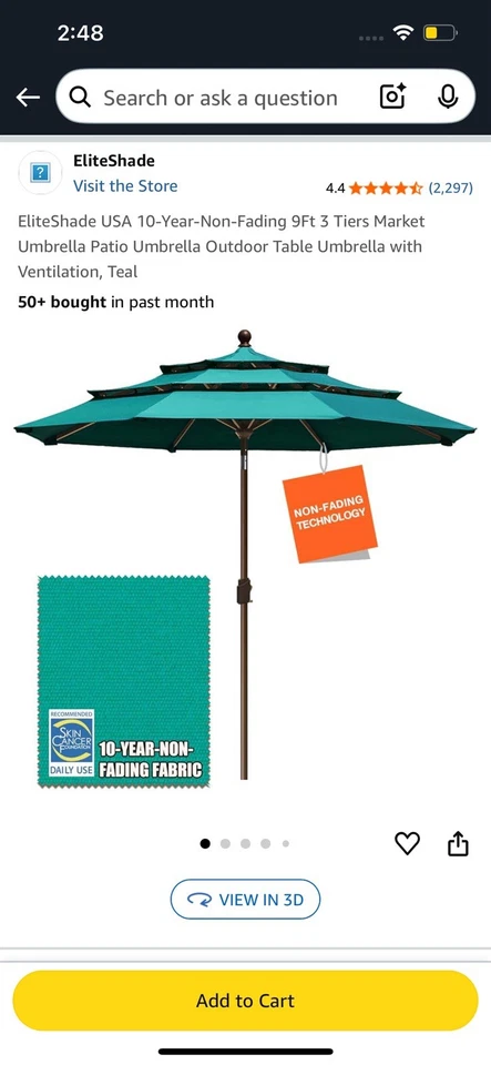 Elite shade 9ft 3 Tier Umbrella Replacement. Teal. Umbrella only, No Frame.  - Image 1 of 4