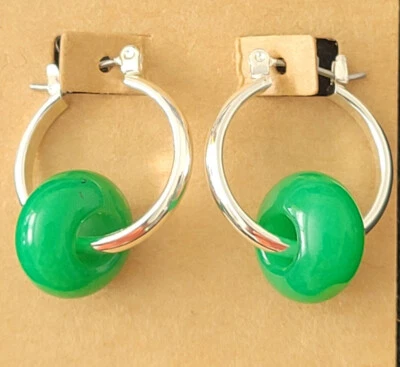 silver plated hoop earrings with 14mm natural rondelle jade stone accent - Image 1 of 2