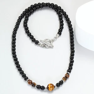 Natural Tiger Eye Obsidian Stone Beaded Necklaces for Men Stainless Steel Clasp - Picture 1 of 16