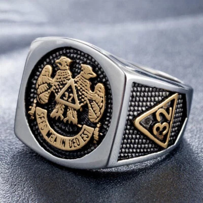 Vintage Double Head Eagle Masonic Ring Stainless Steel Freemason Ring Biker Punk - Image 1 of 4
