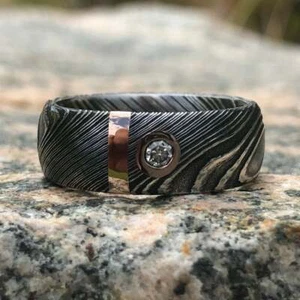 New 8mm Wide Damascus Steel Ring with 14k Solid Rose Gold Inlay And Diamond - Picture 1 of 5