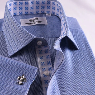 Limited Quatanty Mens Blue Formal Herringbone Business Dress Shirt French Cuffs - Image 1 of 4