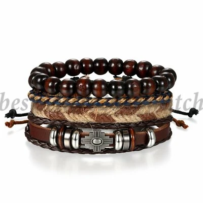 Pulsera brazalete brazalete trenzado de cuero con cuentas de madera cruzada de 4 piezas para hombre y mujer Foto 1 de 4