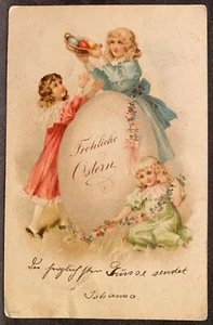 Easter Postcard Germany Three Little Girls Decorate Big Easter Egg With Flowers - Picture 1 of 2
