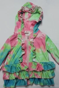 Girl's 2T zip up jacket tie dye pink/green/blue ruffles hood - Picture 1 of 5
