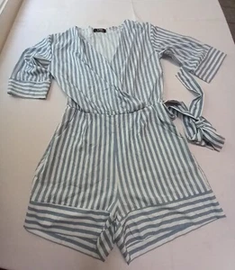 CBR Romper size small blue white stripe belted side zip NWT  - Foto 1 di 15