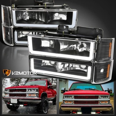 Fits 1994-1998 Chevy C/K 1500 2500 LED Tube Black Headlights+Bumper Corner Lamps Foto 1 de 4