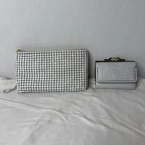 Cartera de noche vintage de malla metálica blanca con correa de cadena y billetera a juego - Imagen 1 de 12