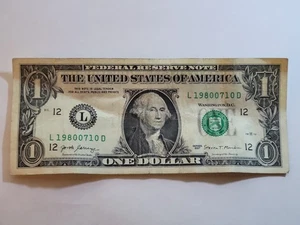 July 10th 1980 Birthday Day Note Fancy Serial Number One Dollar Bill L19800710D - Picture 1 of 5