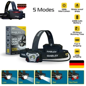 LED Headlamp Rechargeable RABLEX 400Lm Headlamp Rotlicht Sensor, Wasserdicht - Bild 1 von 9