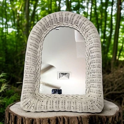 Vintage Wicker Wall Mirror Accent Arched White Boho Cottage Shabby Victorian - Image 1 of 4