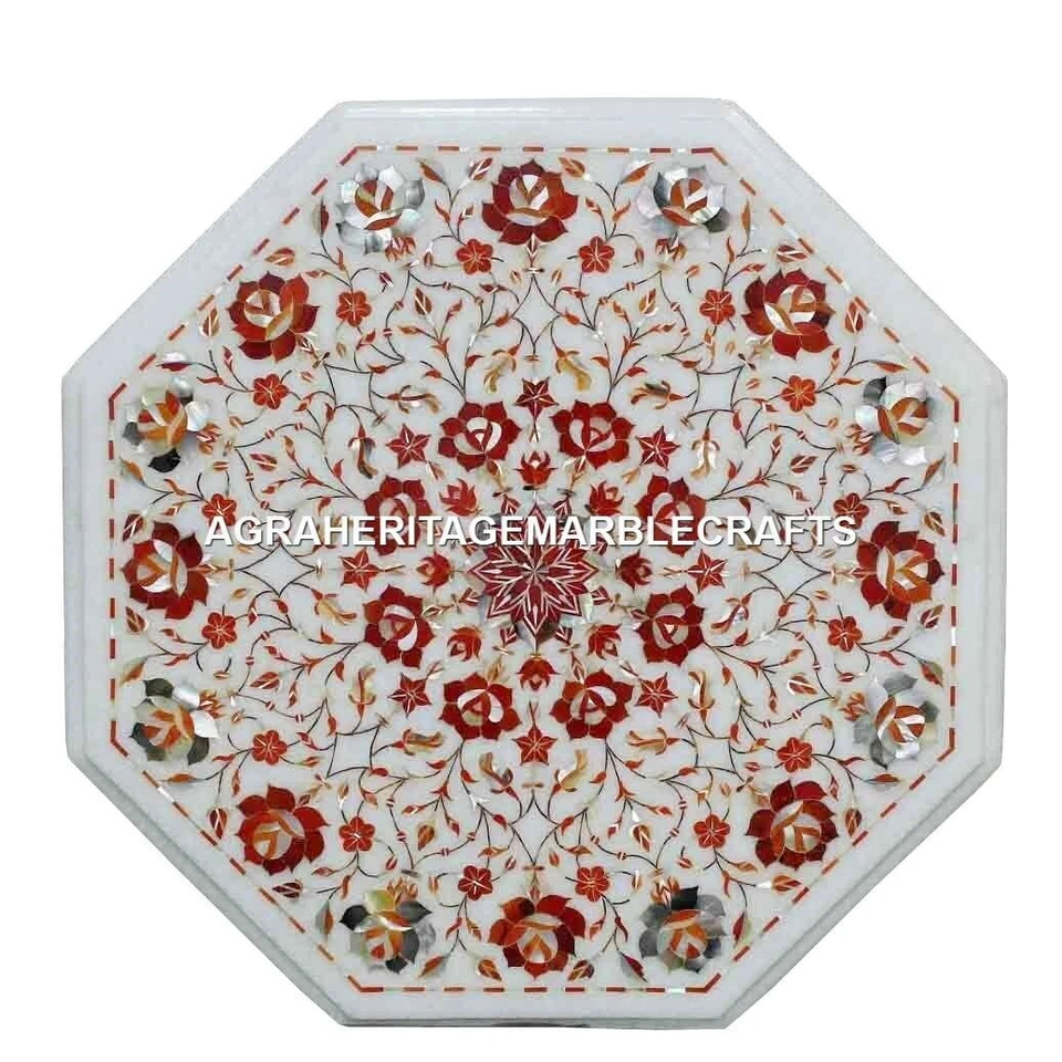 Marble Side Coffee Table Set Coral Inlay Gemstone Pietradure Outdoor Decor H1390 - Image 1 of 4