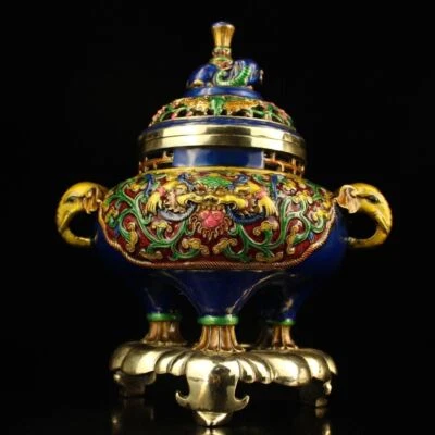 Queimador de incenso antigo manual porcelana cobre puro esmalte cloisonne 8,4" - Imagem 1 de 4